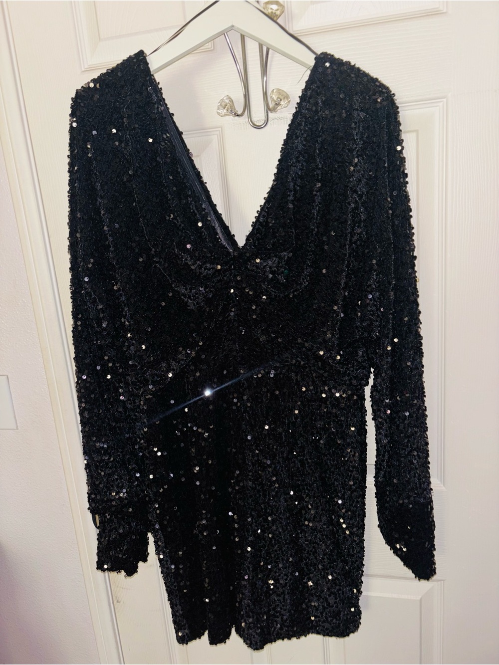 Fashion Nova Black Sequin V-Neck Long Sleeve Mini Dress “One And Only”